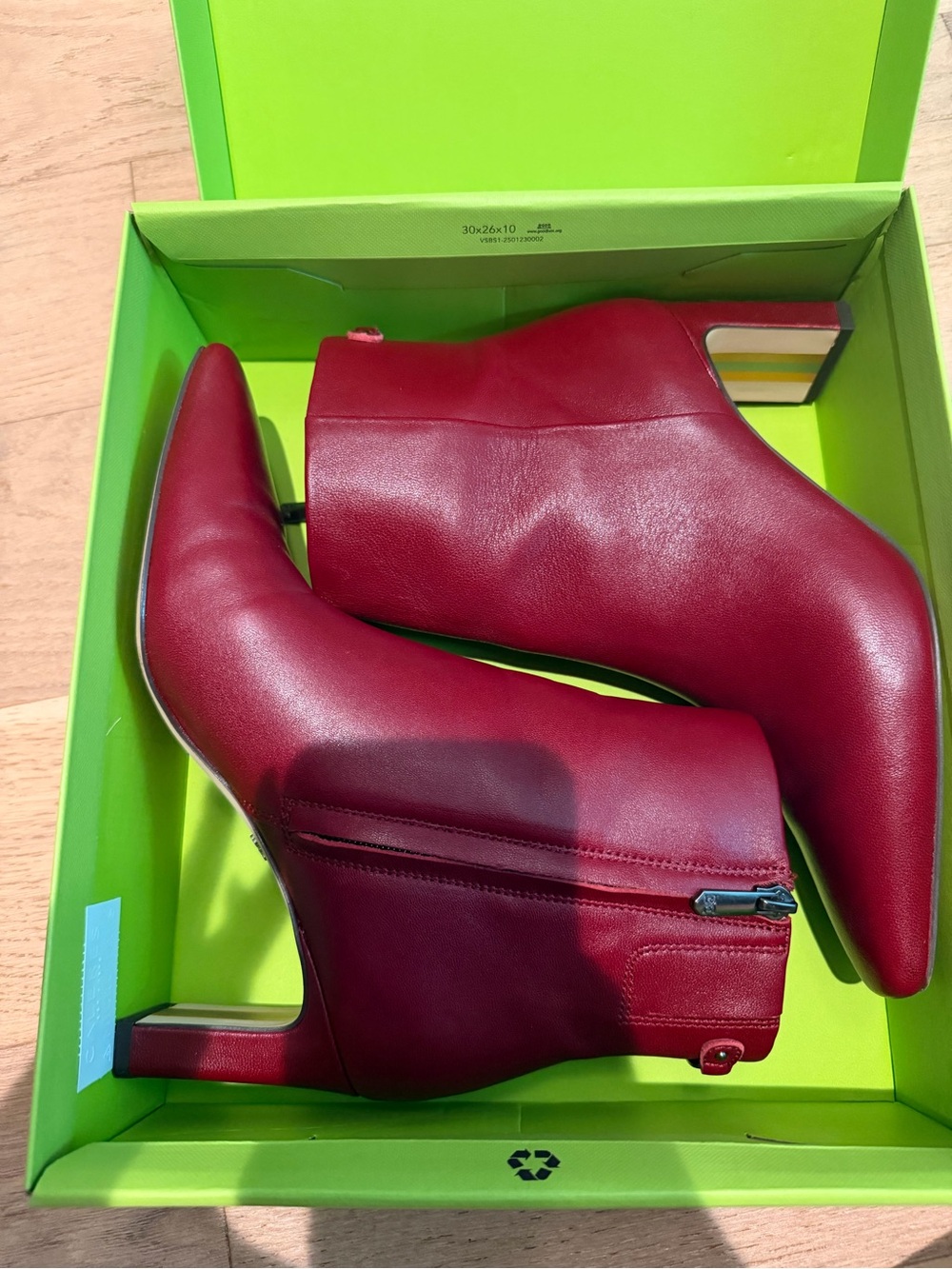 Sam Edelman Red Leather Pointed Toe Ankle Boots with Striped Block Heel